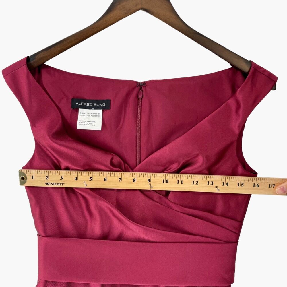 Alfred Sung Off the Shoulder Satin Maxi Dress in‎ Burgundy Red - Picture 6 of 8